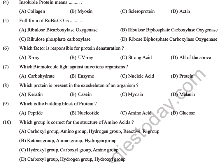 NEET Biology Biomolecules MCQs Set D, Multiple Choice Questions